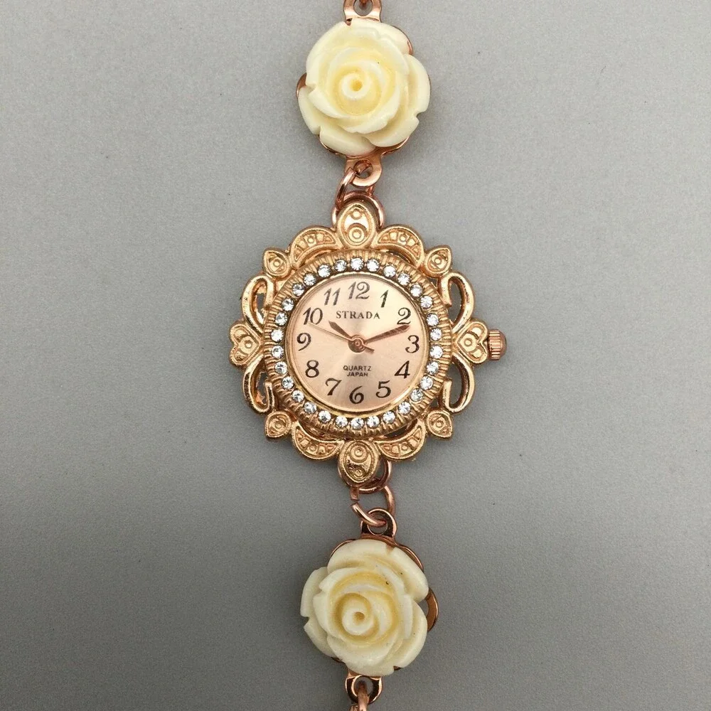 Strada Women Watch 29mm Rose Gold Dial Cream Rose Flower Bracelet New Battery 8